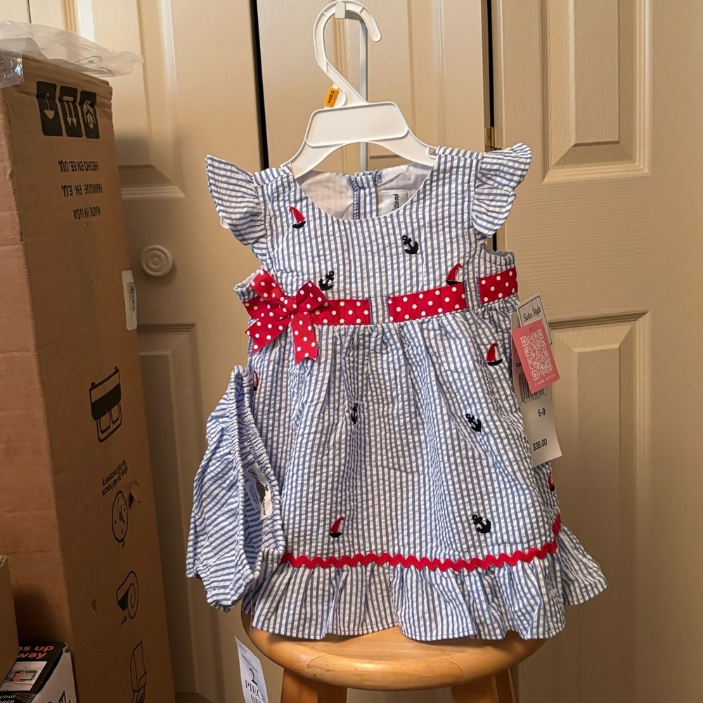 Rare Editions baby girl sailor dress for spring and summer, size 6-9 months.